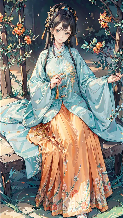 masterpiece, highres, best quality, 1girl solo, sitting, from above, looking at viewer, light smile, night,,<lora:hanfuMing_v31:0.6>,(hanfu, ming style outfits, cyan short coat, orange mamian skirt, round collar)