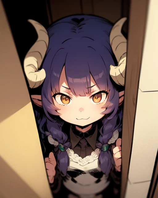 <lora:etrianv2:1>
a goat_horned girl peeking around corner doing the :3 face