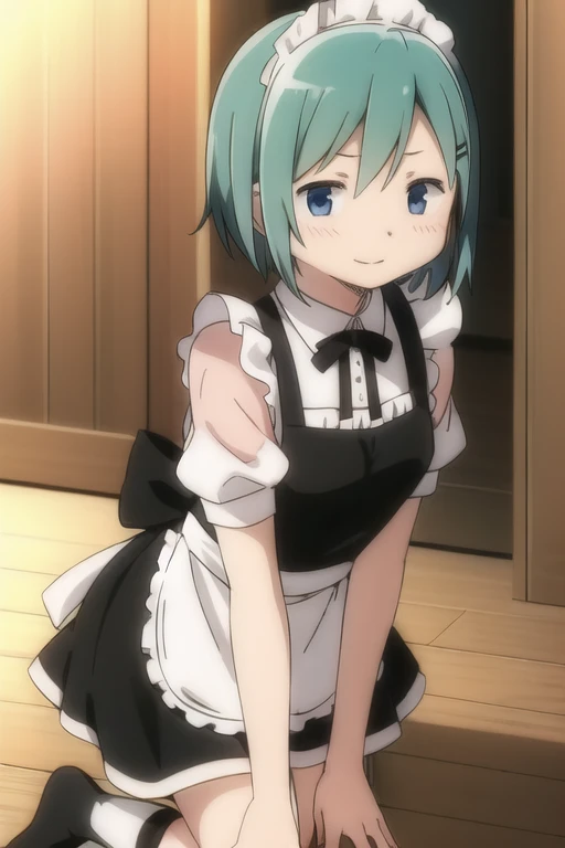 miki_sayaka, maid, skirt, socks, white_apron , white shirt, white sleeves ,