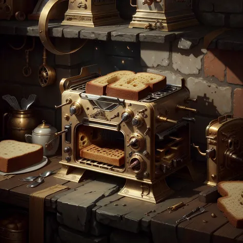 <lora:dwemertech-21:1>, dwemertech,ancient ,brass , toaster in a dungeon , detailed background,