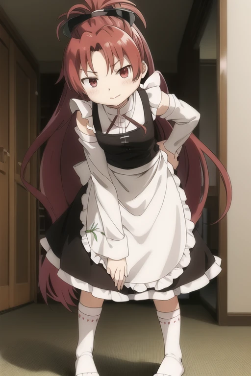 sakura_kyouko, maid, skirt, socks, white_apron , white shirt, white sleeves ,