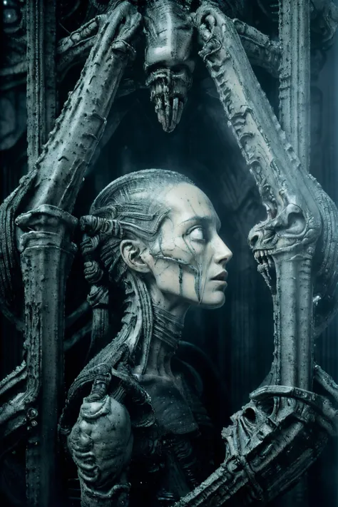 portrait of alien licking Winona Ryder,   
((masterpiece),(best quality),(ultra-detailed),
fantasy, sci-fi,  horror,   , aliens,  sad face, 
realistic, hrgiger hnsrdlf style intricate biomechanical detail
masterpiece,  , dark room, dim light , front view,(...