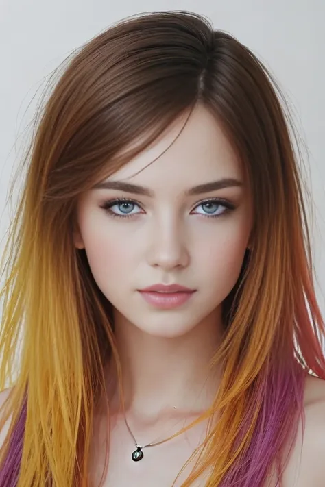 Colorful beautiful girl: a giru 28-years old, messy hair, oil painting, nice perfect face with soft skinice perfect face, blue yellow colors, light purple and violet additions, light red additions, intricate detail, splash screen, 8k resolution, masterpiec...