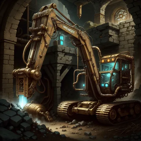 <lora:dwemertech-21:1>, dwemertech,ancient ,brass ,clockwork, excavator underground,