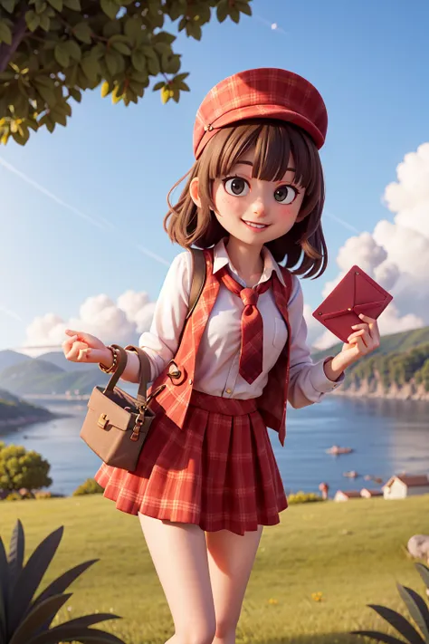 masterpiece, high quality best quality,1girl, bangs, beach, blue_sky, blush, bow, breasts, checkered, checkered_shirt, checkered_skirt, cloud, cloudy_sky, collarbone, day, envelope, giving, grass, hair_bow, heart, holding, holding_letter, horizon, incoming...