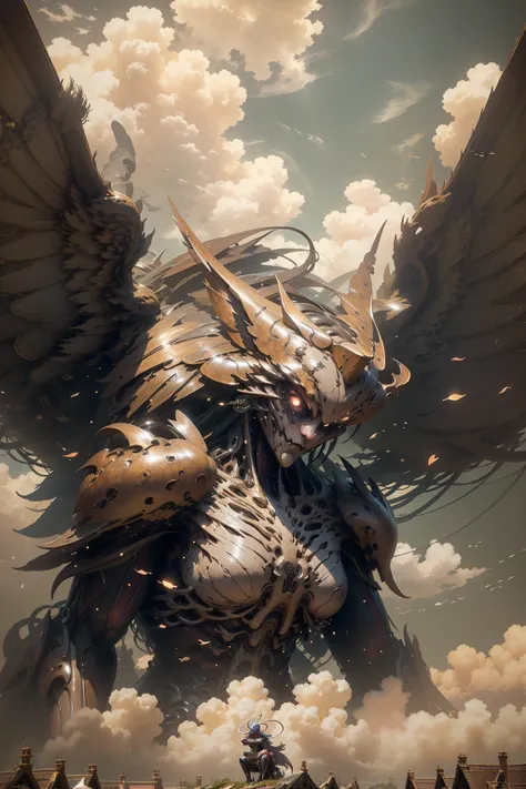 ((best quality)), ((masterpiece)), (detailed), female titan, mecha, horror beauty, perched on a cloud, (fantasy illustration:1.3), enchanting gaze, captivating pose, delicate scars, otherworldly charm, mystical sky, (Luis Royo:1.2), (Yoshitaka Amano:1.1), ...