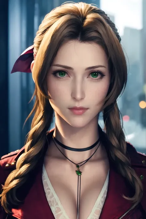 ff7r style, aerith gainsborough, 1girl, solo, realistic, green eyes, brown hair, long hair, blurry, looking at viewer, red jacket, jewelry, blurry background, necklace, choker, jacket, portrait, lips, ribbon, hair ribbon, bow, nose, closed mouth , ((master...