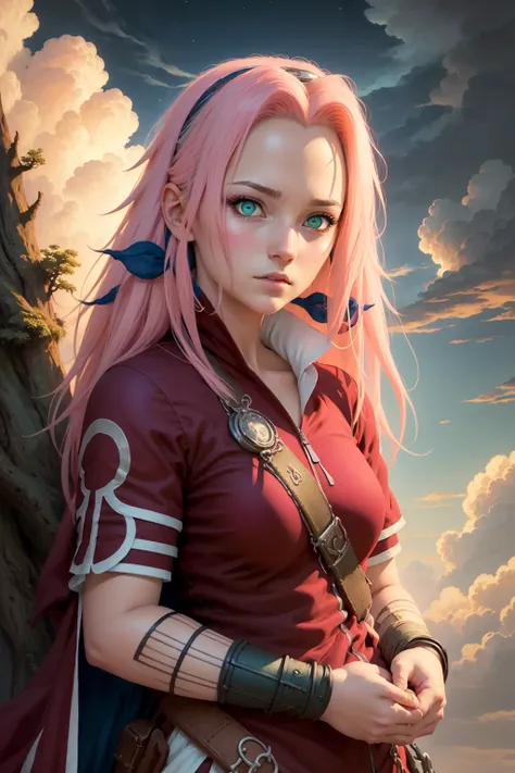 ((best quality)), ((masterpiece)), (detailed),  girl,haruno sakura, pink hair, long hair, green eyes, (fantasy illustration:1.3), enchanting gaze, captivating pose, mystical sky, (Luis Royo:1.2), (Yoshitaka Amano:1.1), moonlit night, soft colors, (detailed...