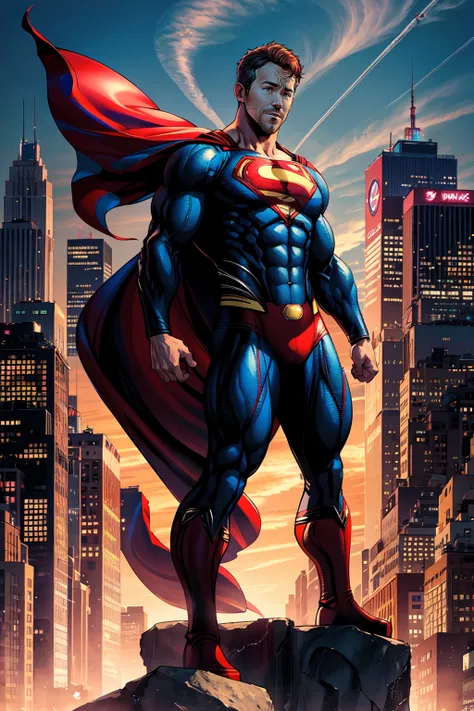 (full body), ((Ryan Reynolds as Superman)), (Art by Jim Lee) magnificent sky background, standing in front of NYC skyline, dramatic, gorgeous, good anatomy, good proportions, hero pose, award winning, masterpiece, ((empty hands)), centered, realistic:1.3,
