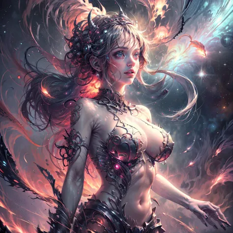 1girl, solo, fire, outer space, large breast out, (photorealistic:1.4), official art, unity 8k wallpaper, ultra detailed, beautiful and aesthetic, masterpiece,best quality, glowing skin, (floating colorful sparkles:1) the most beautiful form of chaos, eleg...