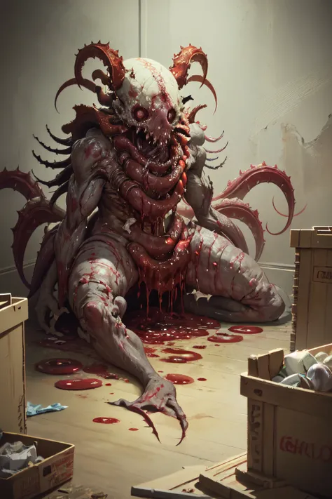 reelhorror,<lora:reelhorror2:1.1> creature, humanoid, dismembered, multiple arms, drooling, looking at viewer,  blood, tentacles, monster, injury, blood, death, messy, indoor, pov scene, pov, horror