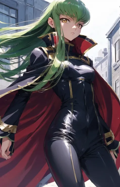 c.c.,  (expressionless, cowboy shot:1.4), code geass, geass, 
(masterpiece, best quality, ultra-detailed, best shadow), (beautiful detailed face, beautiful detailed eyes),
green hair, orange eyes, 
(black bodysuit, zero suit:1.1), black and red cape, zero ...