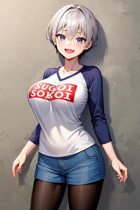 masterpiece, best quality, highres, uh1, shirt, raglan sleeves, romaji text, clothes writing, collarbone, long sleeves, denim shorts, pantyhose, fang, <lora:uzaki_hana:0.7>, cowboy shot, standing, smile