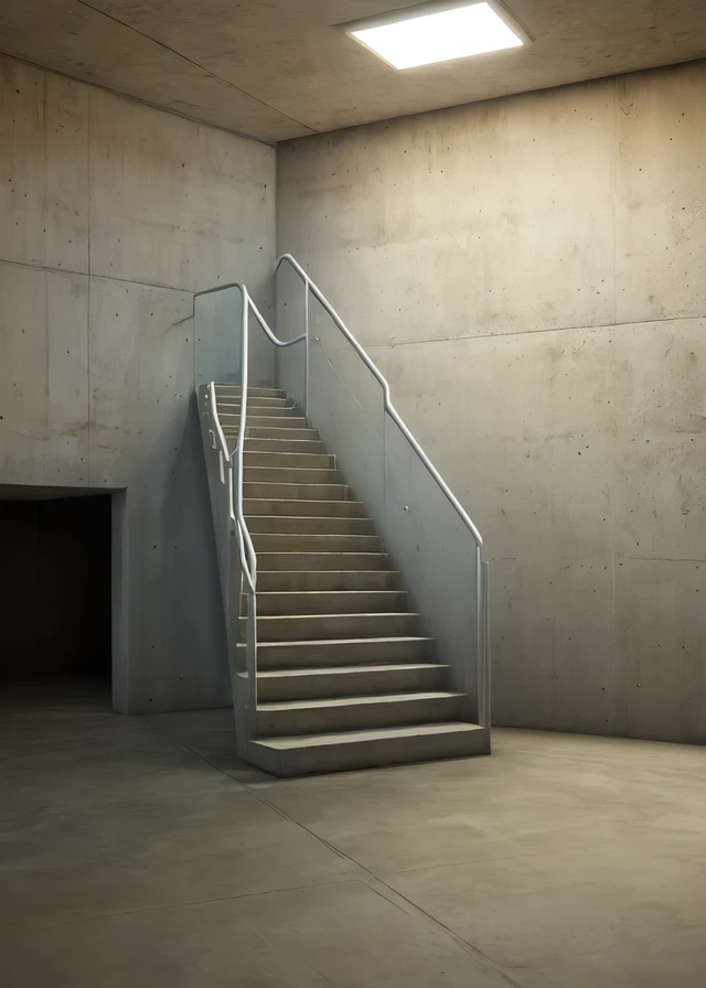 <lora:D1s-Backroom:0.62>, backroom, liminal space, 
uploaded artstation, by Alexandre Calame,
Level-1,Habitable Zone,inside,parking area,car parking,white wall,fluorescent light,concrete wall,concrete floor,BREAK,
stairs,
(photorealistic), [sharp focus], (...