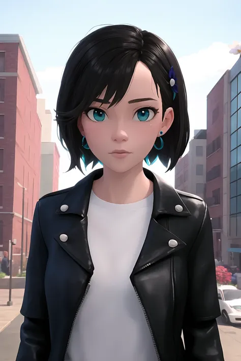 spiderverse style, masterpiece, best quality, 1girl, aqua eyes, flower on hair, black hair, closed mouth, earrings, detailed bac...