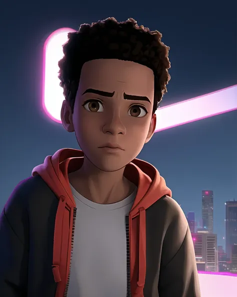 spiderverse style, masterpiece, best quality, 1boy, brown eyes, brown hair, closed mouth, detailed background, looking at viewer...