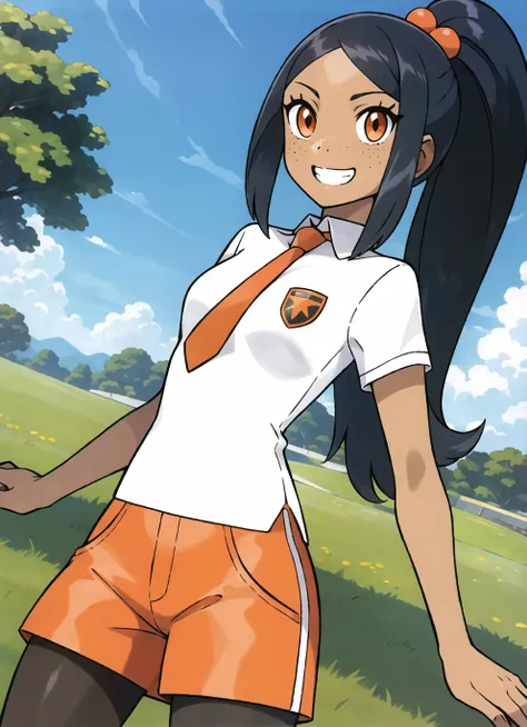 sugimori ken (style), 1girl, black hair, breasts, dark-skinned female, dark skin, freckles, grin, long hair, naranja academy school uniform, necktie, nemona (pokemon), orange eyes, orange necktie, orange shorts, black pantyhose, shorts, ponytail, white shi...