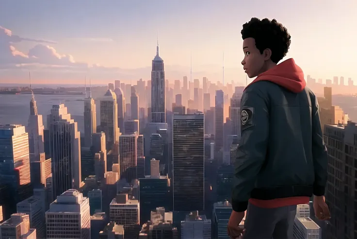 spiderverse style, city, cityscape, from behind, scenery, building, hood, 1boy, black hair, sunset, hoodie, outdoors, short hair...