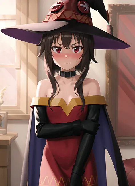 spiderverse style, megumin, 1girl, bare shoulders, black hair, black cape, black gloves, blush, cape, choker, collarbone, dress,...