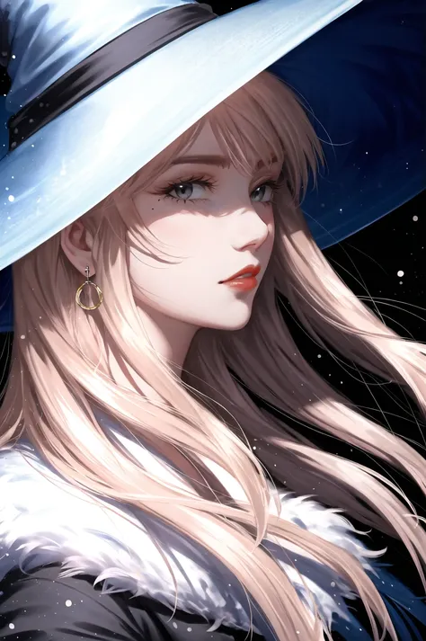 nixeu, 1girl, black background, blonde hair, closed mouth, earrings, fur trim, grey eyes, hat, highres, jewelry, large hat, light particles, long hair, looking at viewer, mixed-language commentary, mole, mole under mouth, nostrils, original, red lips, shad...