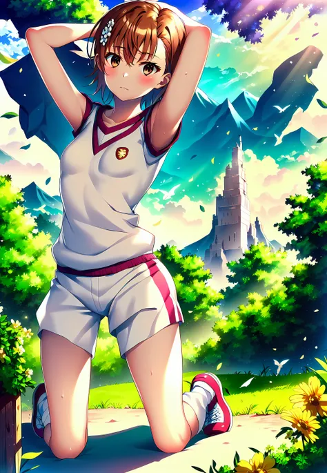masterpiece, best quality, <lora:misaka4:1>, misaka mikoto, (cowboy shot:1.2), 1girl, solo,Serene, Meadow, Cerulean, Fluffy, Clouds, Sunbeams, Lush, Foliage, Emerald, Trees, Dappled, Shadows, Babbling, Brook, Crystal-clear, Glistening, Gentle, Sunlight, Co...
