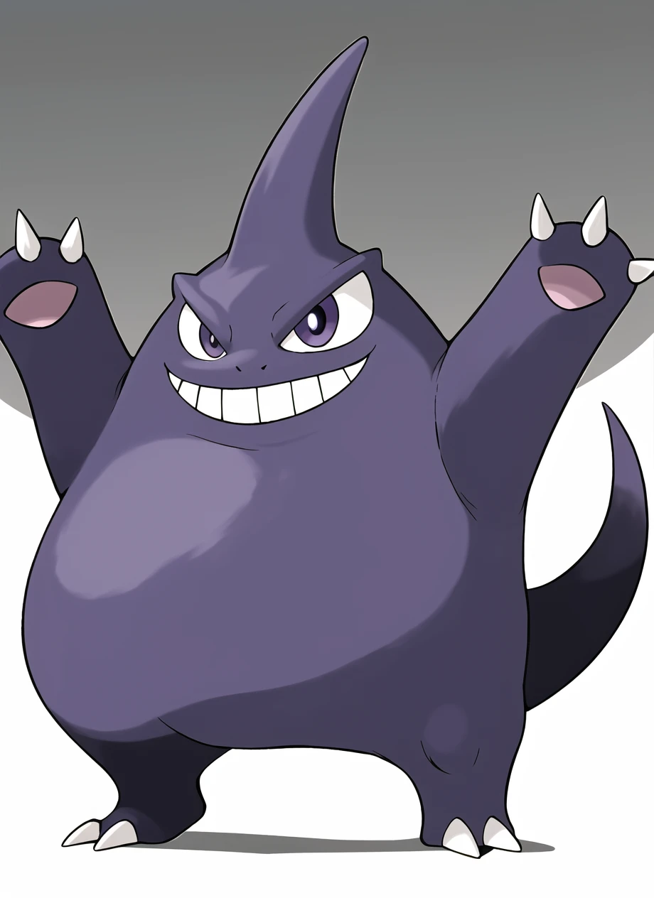 sugimori ken (style), ghost  and ground pokemon (creature), full body, gengar, marowak, solo, grin, half-closed eye, happy, highres, no humans, other focus, pokemon, purple eyes, simple background, smile, solo, standing, teeth, uneven eyes, white backgroun...