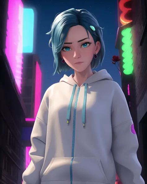 spiderverse style, masterpiece, best quality, 1girl, aqua eyes, flower on hair, blue hair, closed mouth, earrings, detailed back...