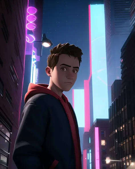 spiderverse style, masterpiece, best quality, 1boy, brown eyes, brown hair, closed mouth, detailed background, looking at viewer...