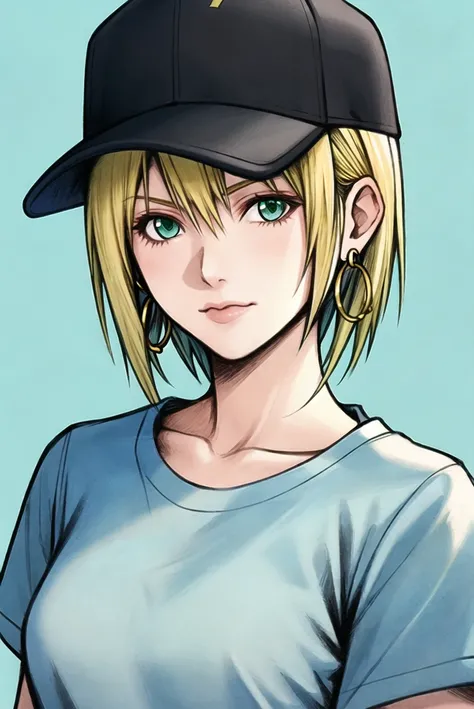 nomura tetsuya, masterpiece, best quality, 1girl, aqua eyes, baseball cap, blonde hair, closed mouth, earrings, green background, hat, hoop earrings, jewelry, looking at viewer, shirt, short hair, simple background, solo, upper body, yellow shirt <lora:nom...