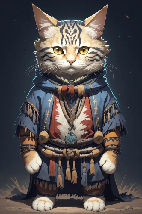 <lora:cat-000008:0.8> fullbody, c4ttitude, shaman, tribal mask