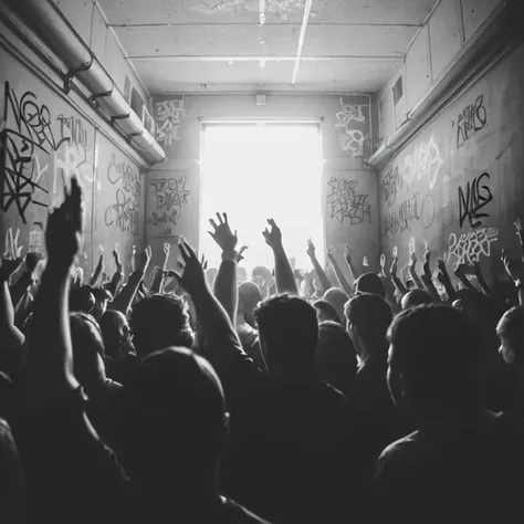 dslr photo, raw photo, crowd of people, hands in the air, graffiti on walls, dark, 8k, contrast, detailed, intricate, looking in...