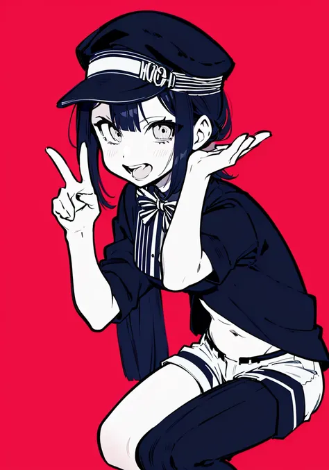 Monochrome, red background, a girl, duck tongue cap, navel exposed outfit, hot pants, hippie style, rock, squat, bow, Winner gesture, (from front: 1.3),