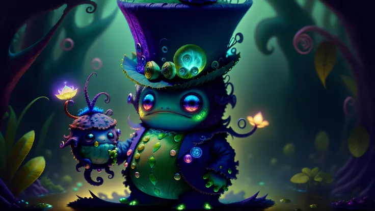 <lora:style-KonyCuteCreatures:1> <lora:epi_noiseoffset2:1> cu73cre4ture cute (green:1.2) blue purple cthulhu moss monster (wearing a top hat and suit:1.3) in a swamp, tentacles, moonlit night, glowing plants, insane details, intricate details, extreme deta...