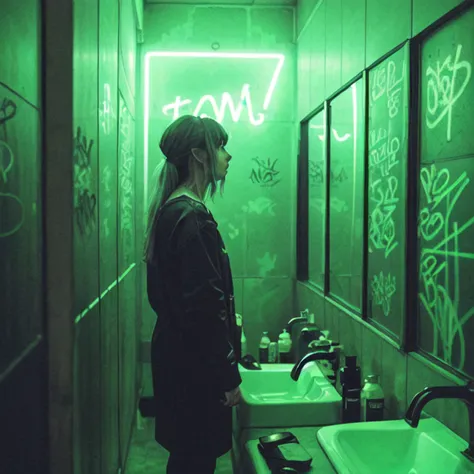 dslr photo, raw photo, a woman in a public bathroom, neon sign on wall, dark, 8k, contrast, detailed, intricate, looking in mirr...