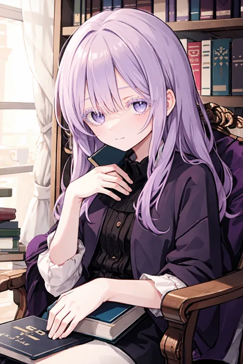 upper body, 
1girl, purple hair, (colored eyelashes, purple eyelashes:1.2), sleepy, faint smile, (smile:0.8), closed mouth, head down, sitting on armchair, looking at viewer, hand on own knee, book on knee, blue  eyes, 
indoor, bookshelf, 
 <lora:colored_e...