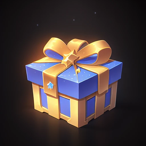 a close up of a blue and gold gift box with a gold bow