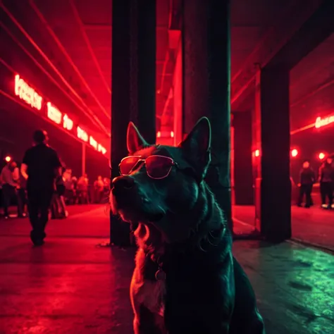 (dogs:1.3), close-up of dancing dog, red light, (close up:1.3), dark, 8k, contrast, (wearing sunglasses:1.3), smoking a cigar, d...