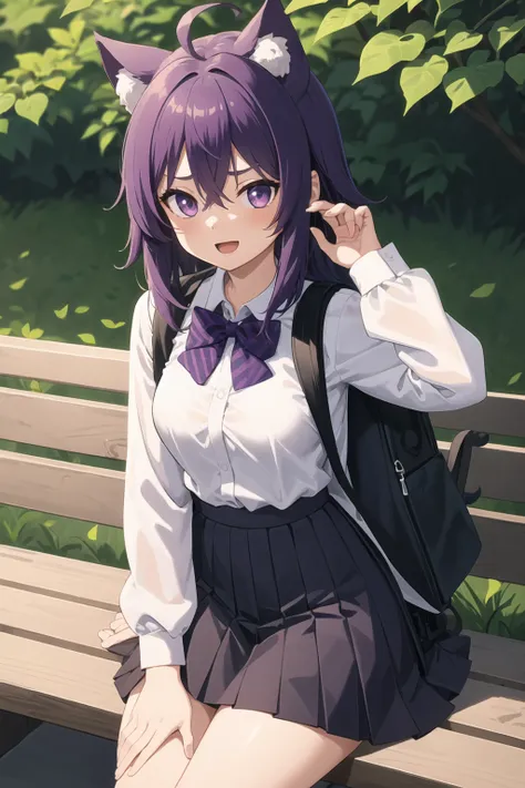 best quality, masterpiece,girl,1girl, ahoge, animal_ear_fluff, animal_ears, backpack, bag, bangs, bench, between_legs, black_cat, black_skirt, blush, bow, bowtie, breasts, cat, cat_ears, crossed_bangs, eyebrows_visible_through_hair, grey_jacket, hair_betwe...