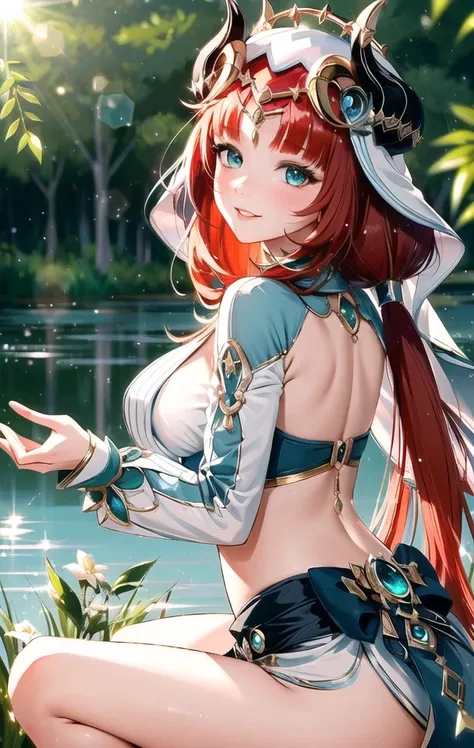 nilou (genshin impact), looking back, smile,
1girl, bangs, blush, breasts, bridal gauntlets, cape, detached sleeves, horns, jewelry, navel, parted lips, revealing clothes, sitting, solo, thighs
(masterpiece, best quality, ultra-detailed), (beautiful detail...