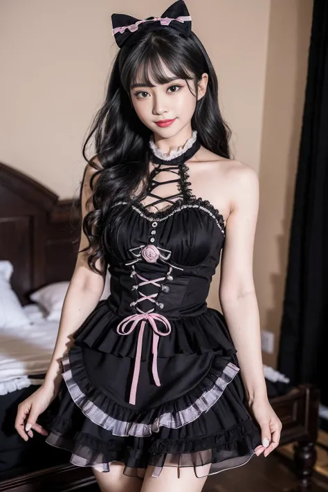 realistic, photorealistic, masterpiece, best quality, 1girl, solo, in bedroom, looking at viewer, smile, black_little_dress, (pureerosface_v1:0.8), <lora:Cute Asian Face:0.5>, <lora:little_black_dress_v1.1:0.7>