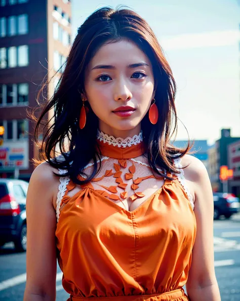 a woman posing on the street corner with light orange dress on, best quality, high res, 8k, 1girl, (huge breasts), day, bright, outdoor, (street:0.8), (people, crowds:1), (lace-trimmed dress:1.5, light orange clothes:1.5, orange high-neck dress:1.5, sleeve...