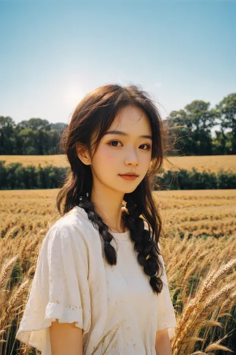 <lora:FilmProvia2:0.7>, 1girl dressed in a cute, country-style black dress with braided hair, standing in a rustic farm setting. She has a soft, gentle smile and expressive eyes. The background features a charming barn, fields of golden wheat, and a clear ...