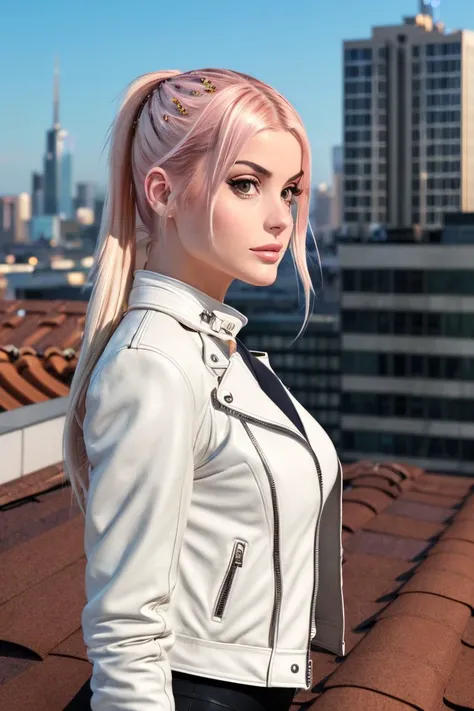 a photo of a beautiful S047_LaurenBurch, on a (rooftop:1.2), wearing a (white-leather-jacket:1.15), (8k, RAW photo, best quality, ultra high res, photorealistic, masterpiece, ultra-detailed, Unreal Engine)