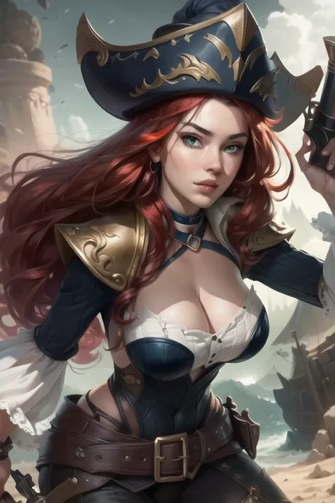 <lora:missfortune:0.6>missfortune, 1girl, solo, long hair, breasts, looking at viewer, large breasts, long sleeves, hat, holding, cleavage, green eyes, weapon, red hair, holding weapon, gun, holding gun, pirate hat (masterpiece:1.2), (best quality), (ultra...