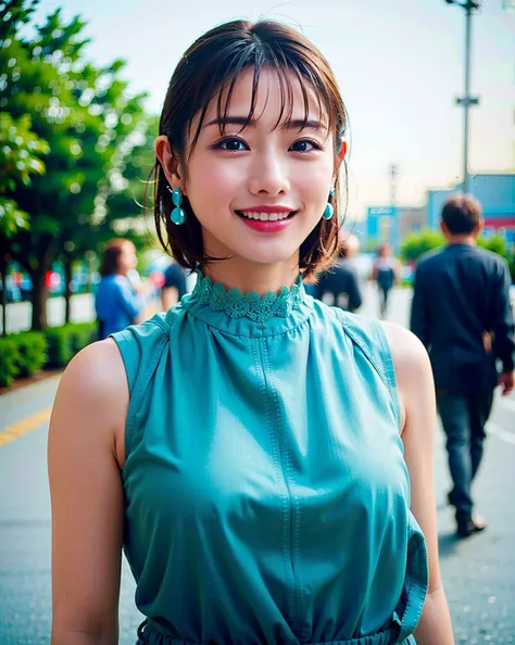 a woman posing on the street corner with green dress on, best quality, high res, 8k, 1girl, (huge breasts), day, bright, outdoor, (street:0.8), (people, crowds:1), (lace-trimmed dress:1.5, green clothes:1.5, green high-neck dress:1.5, sleeveless dress, gre...