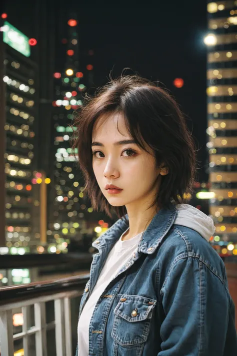 <lora:FilmProvia2:0.65>, 1girl, stylish outfit, fitted jeans, oversized jacket, fashionable accessories, (realistic detailed eyes, natural skin texture, confident expression), cityscape backdrop, rooftop or high-rise balcony, dynamic composition, engaging ...