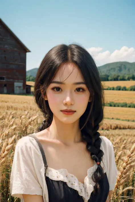 <lora:FilmProvia2:0.6>, 1girl dressed in a cute, country-style black dress with braided hair, standing in a rustic farm setting. She has a soft, gentle smile and expressive eyes. The background features a charming barn, fields of golden wheat, and a clear ...