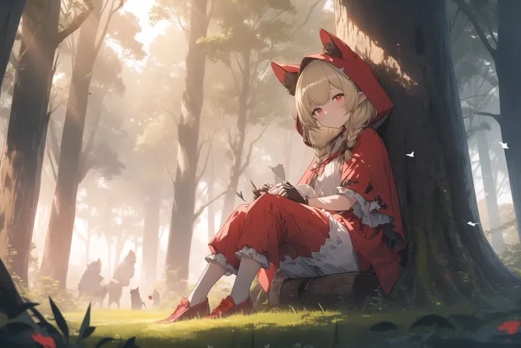 mushroom, sitting, tree, outdoors, grass, nature, 1girl, blonde hair, red footwear, forest, shoes, long sleeves, bangs, red headwear, hat, hood, red cape, gloves, medium hair, bloomers, dress, long hair, day, shirt, closed mouth, full body, cape, solo, hoo...