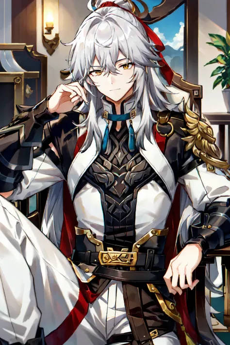 jing yuan(hsr),1boy , male focus , solo ,armor , long hair , white hair ,yellow eyes, hair over one eyes , red ribbon , red pant ,sitting , chair ,des , elbow rest, , 