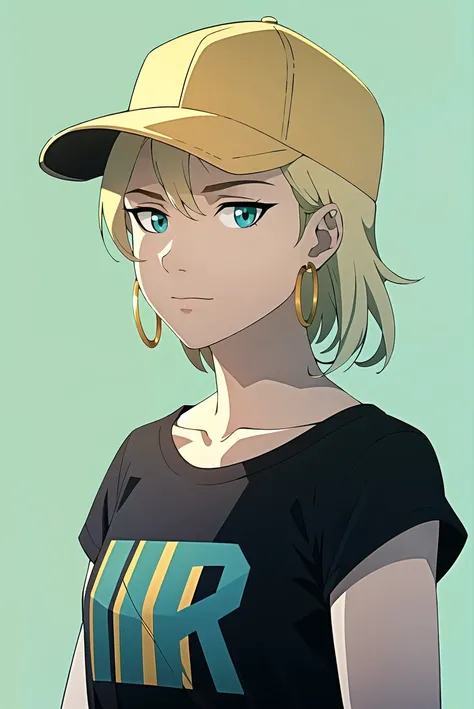 , masterpiece, best quality, 1girl, aqua eyes, baseball cap, blonde hair, closed mouth, earrings, green background, hat, hoop earrings, jewelry, looking at viewer, shirt, short hair, simple background, solo, upper body, yellow shirto,   ((masterpiece)) <lo...